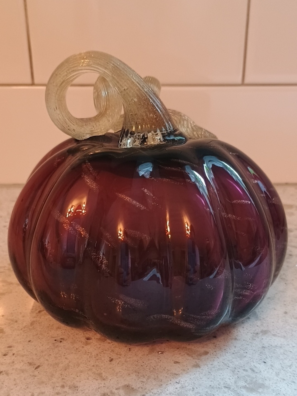 Handblown Glass Pumpkin - Deep Plum with Clear Stem